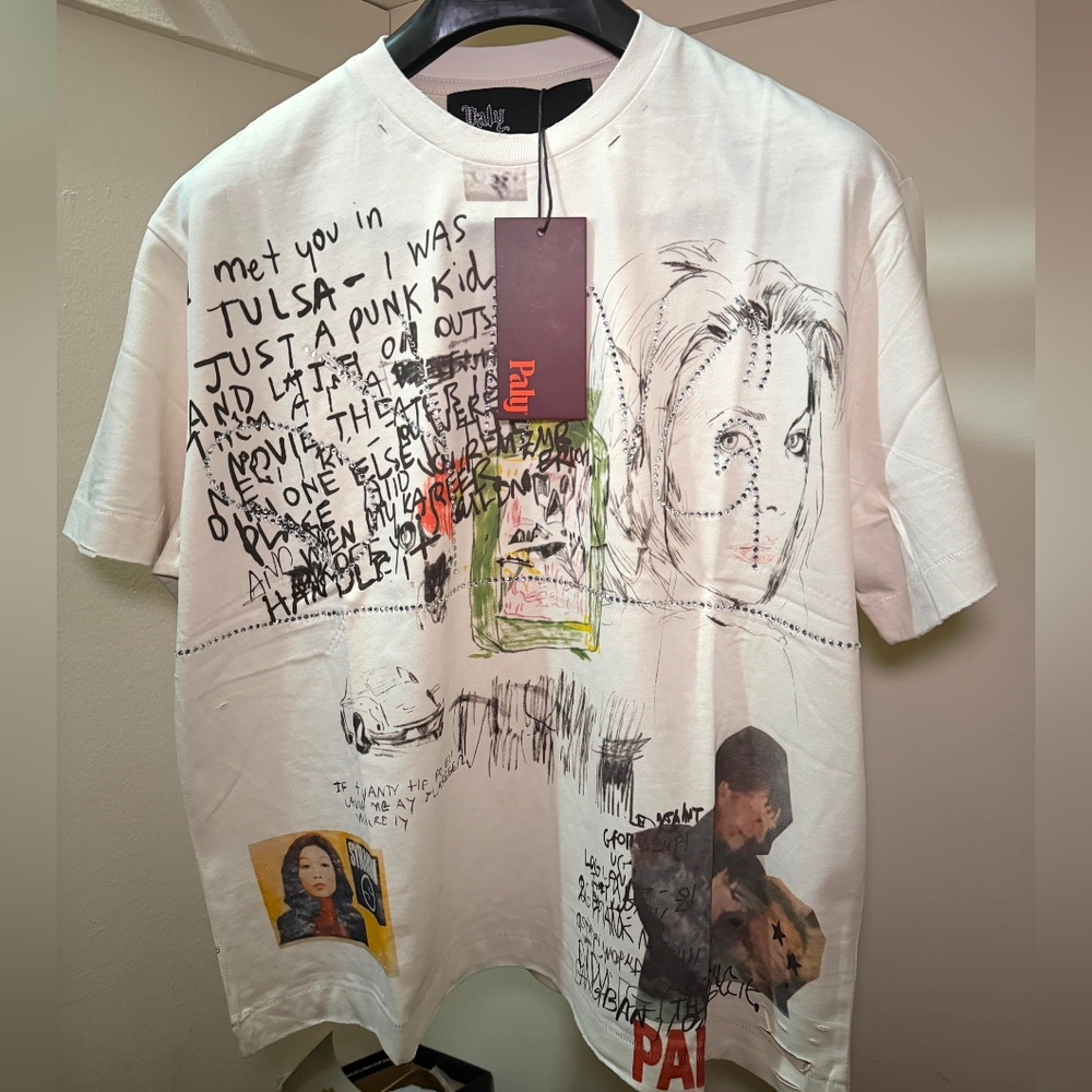 Paly Legend White Cream Graphic Crewneck T-Shirt with Sketch Print Men Women